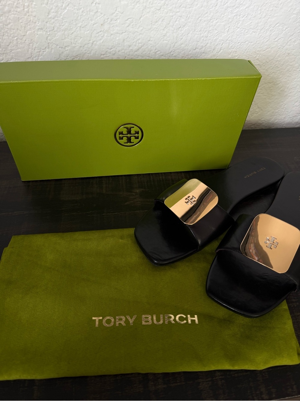 Tory Burch Black Leather Slide Sandals with Gold Logo Plate